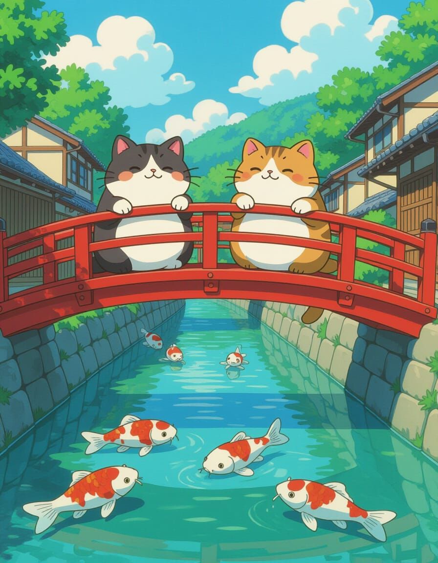 Anthropomorphic Cat Couple on Japanese Bridge