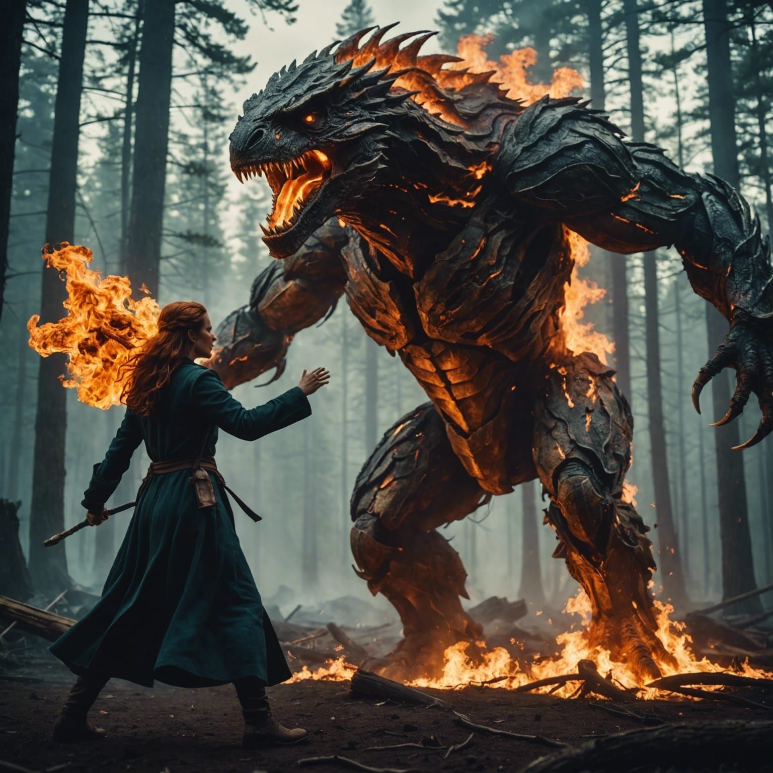 Epic Fire Elemental Battles Giant Woman