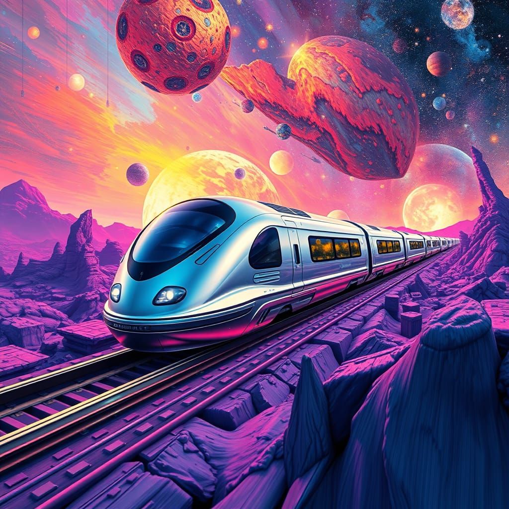 Futuristic Train Speeds Through Iridescent Galaxy