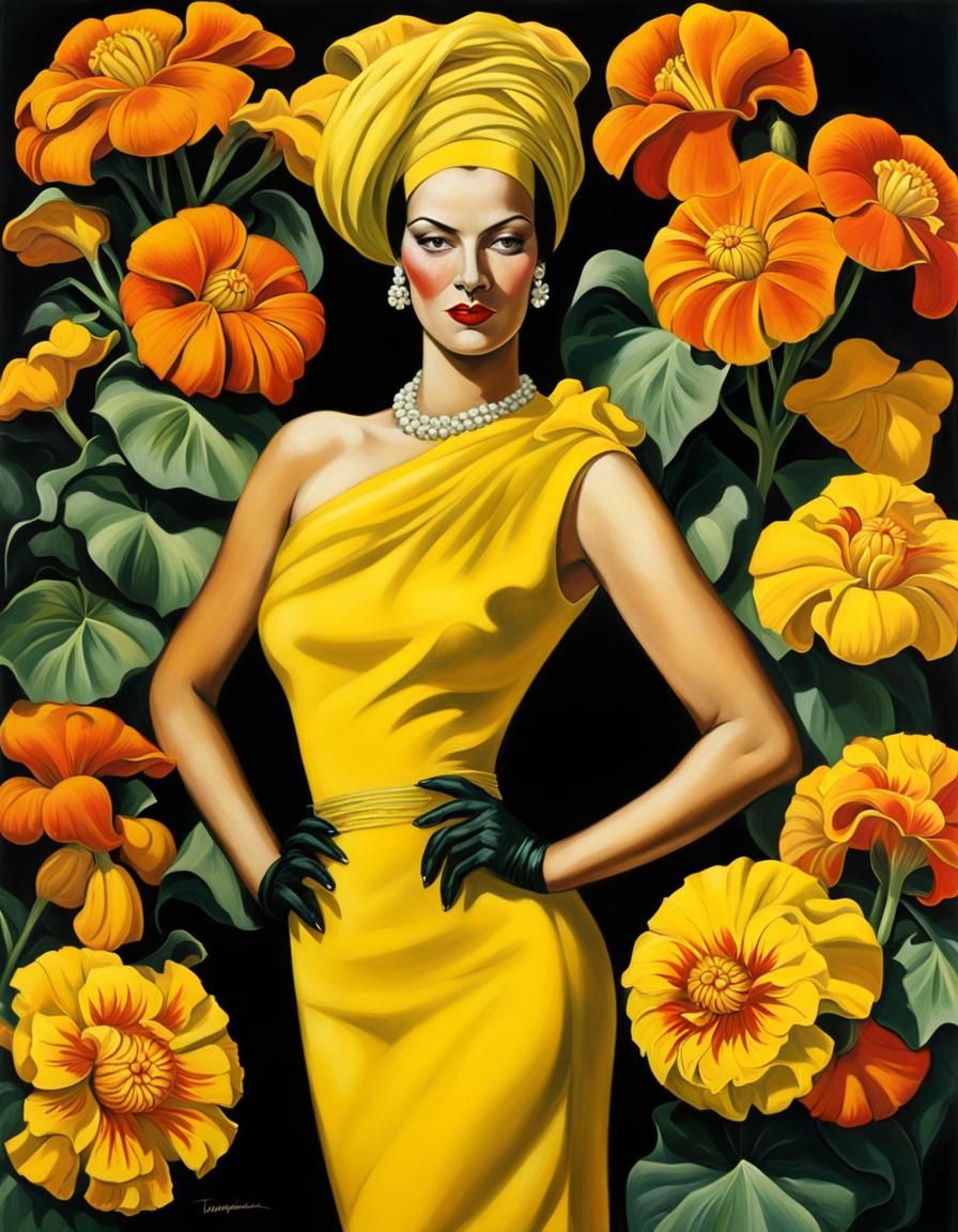 Art Deco Portrait with Flowers in Tamara de Lempicka Style