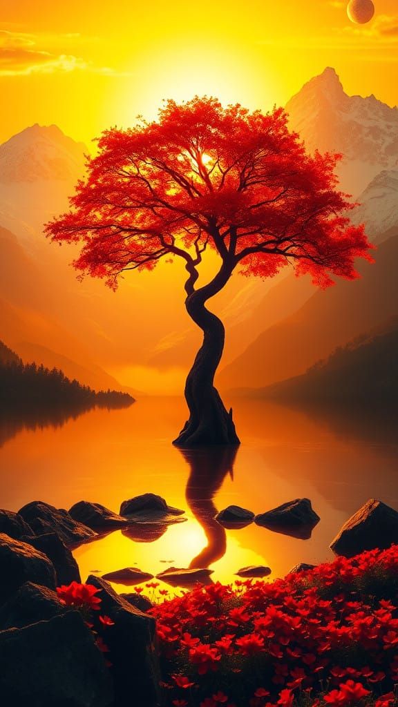 Surreal Sunrise Landscape with Majestic Red Tree