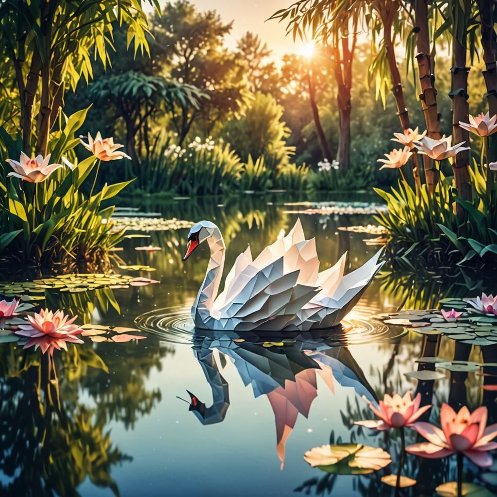 Origami Swan Floats on Lily Pond: Surreal Digital Art