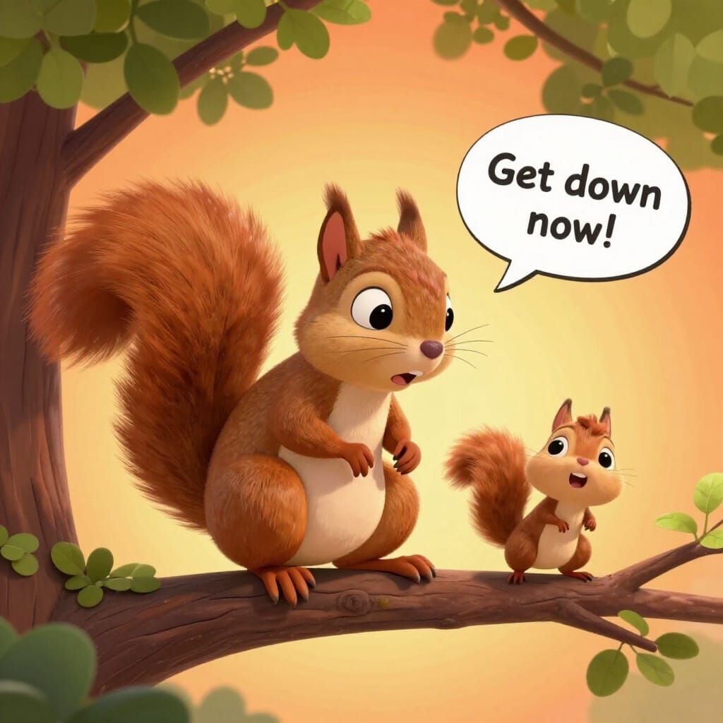 Mother Squirrel Scolds Baby in Pixar Style Tree