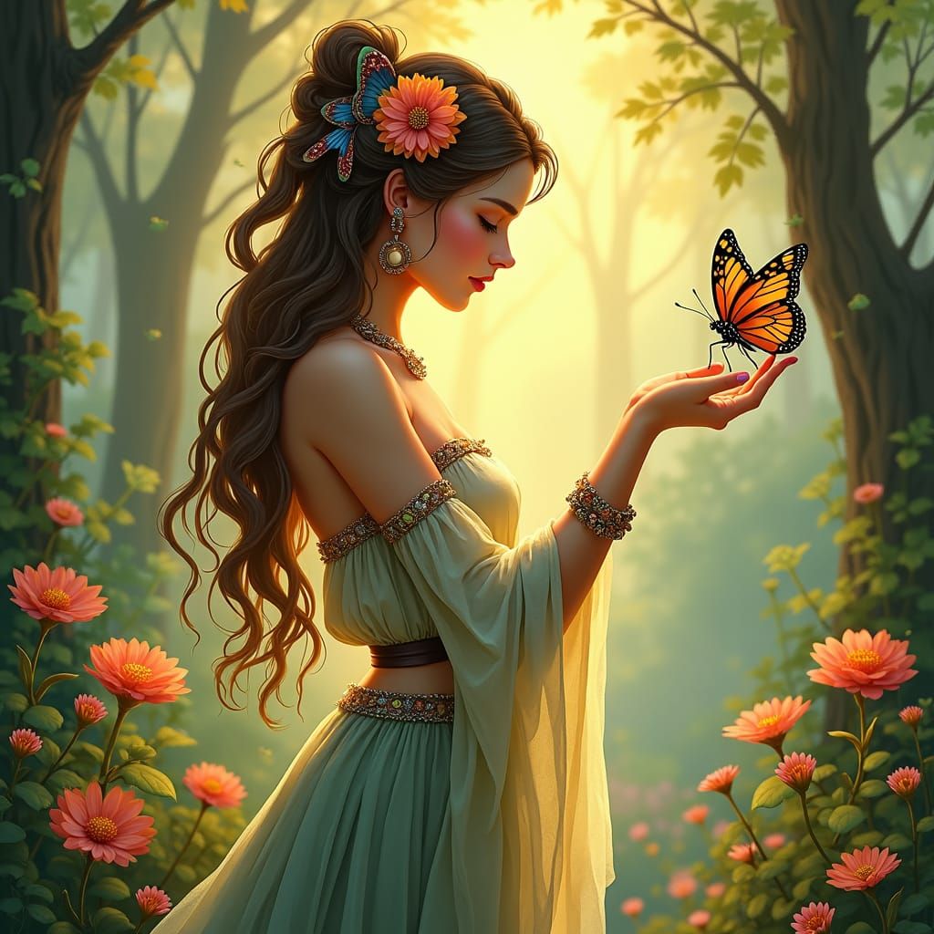 Woman with Butterfly in Whimsical Forest Art