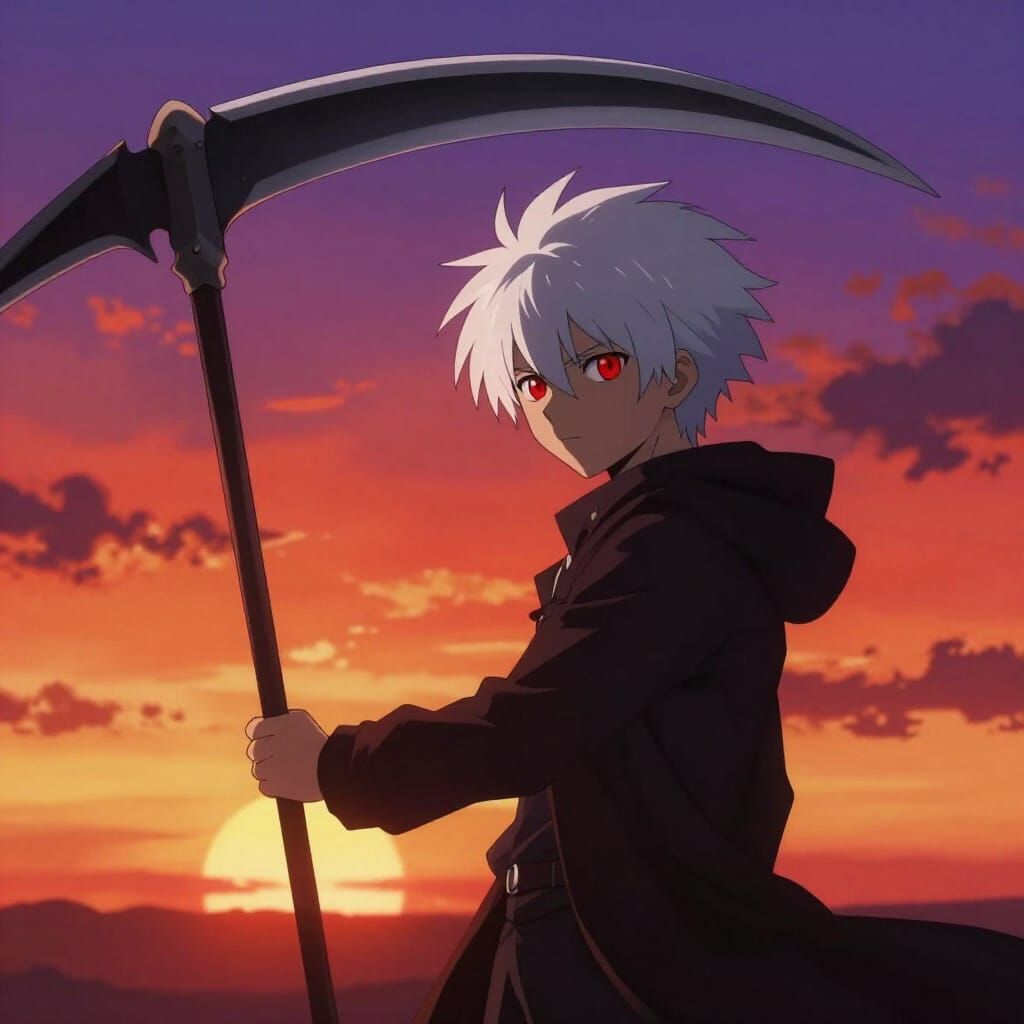 Anime Boy With Scythe at Fiery Sunset