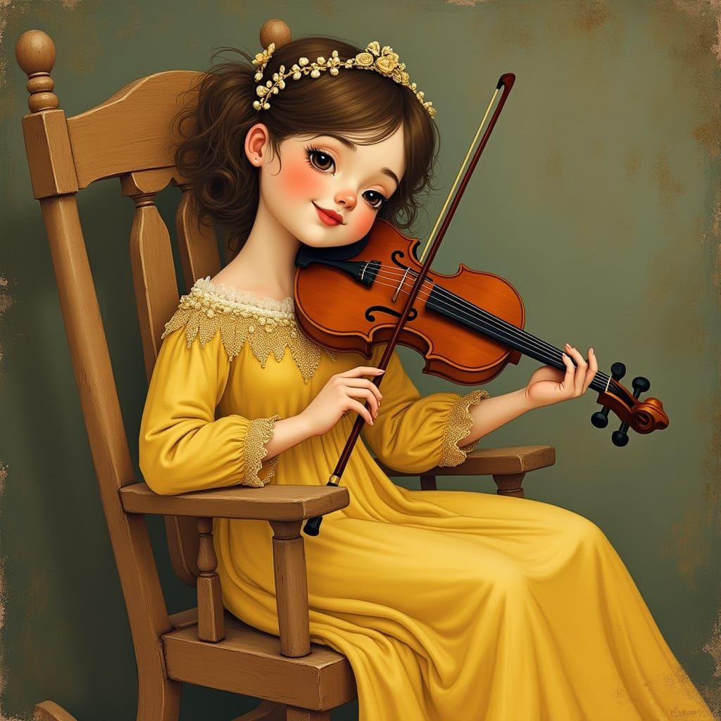 Elegant Woman in Yellow Silk Dress with Violin