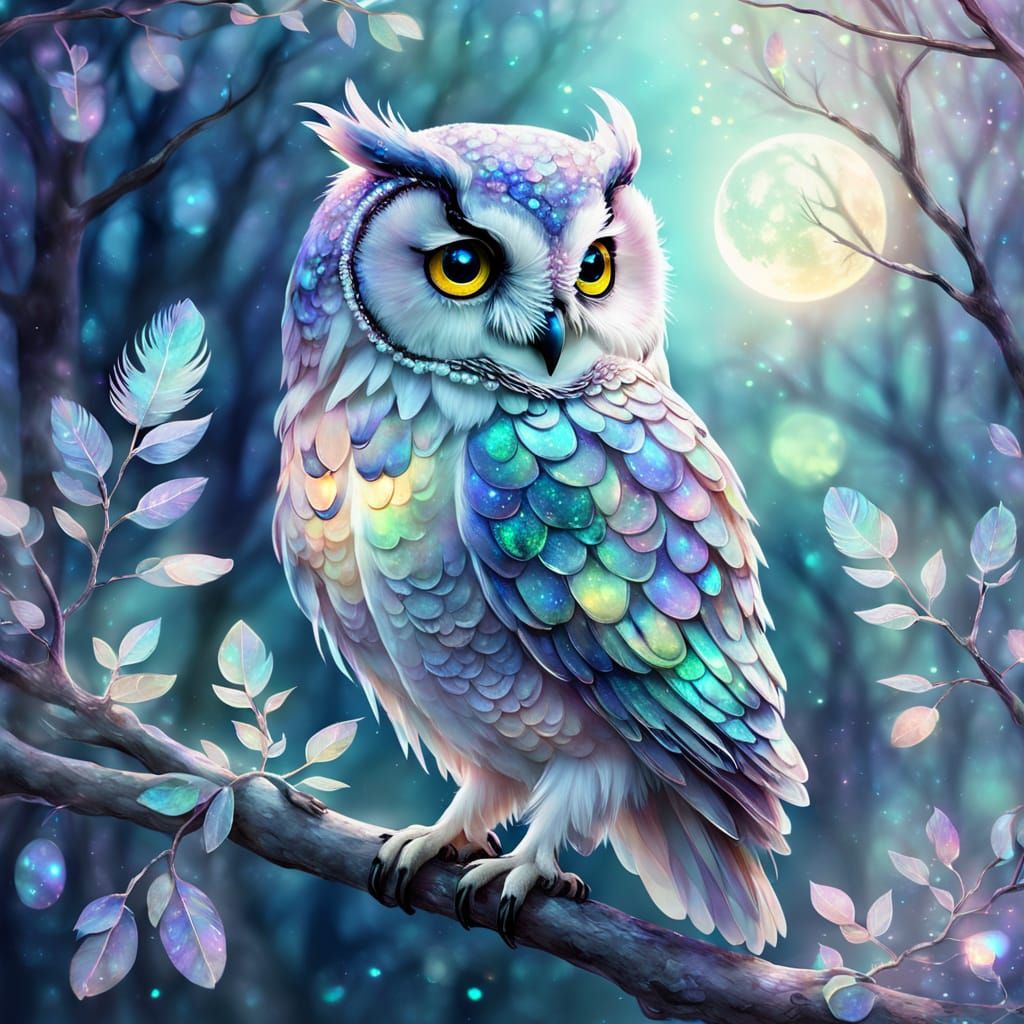 Delicate Opal Owl in Dreamy Watercolor Style