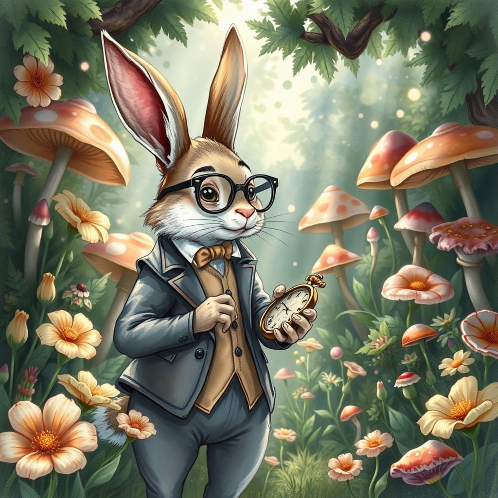 White Rabbit in Whimsical Garden, Storybook Style