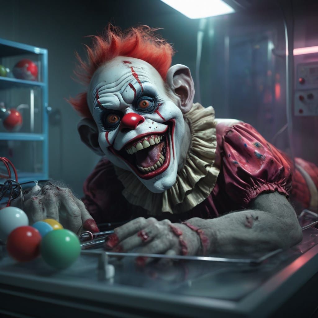 Hyperrealistic Zombie Monkey Monster Clown in Incubator