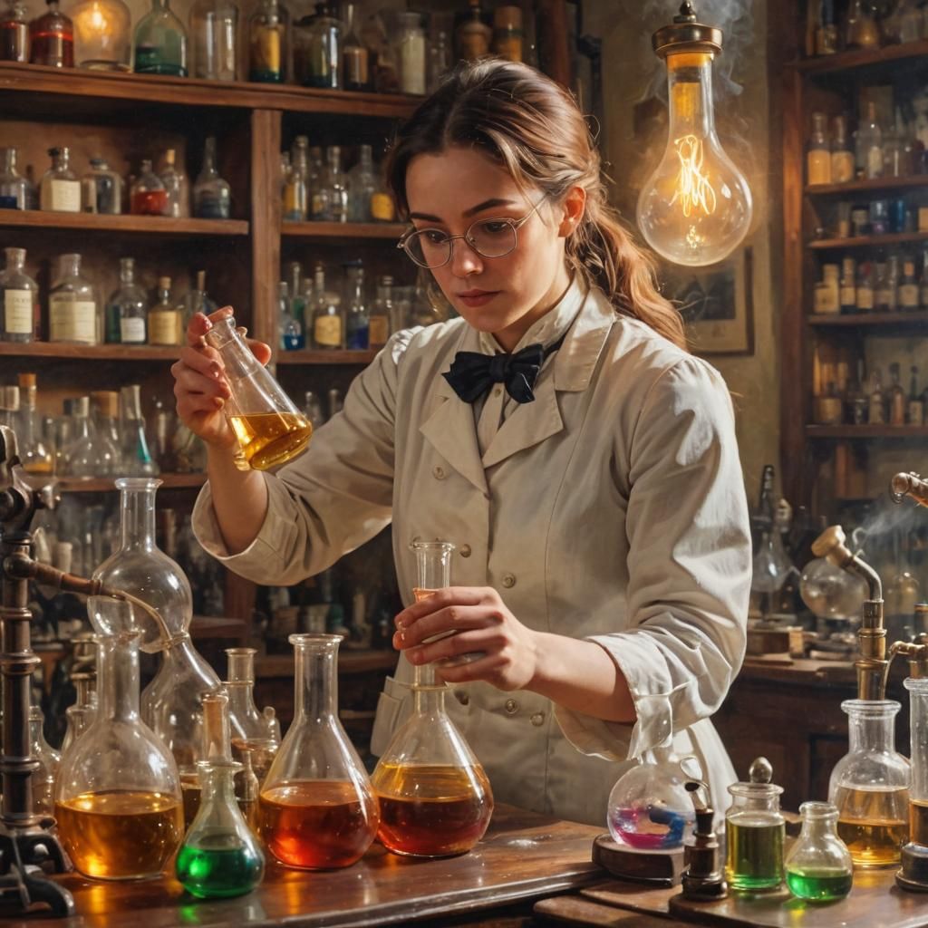 Female Chemist Creates Elixir, Oil Painting Style