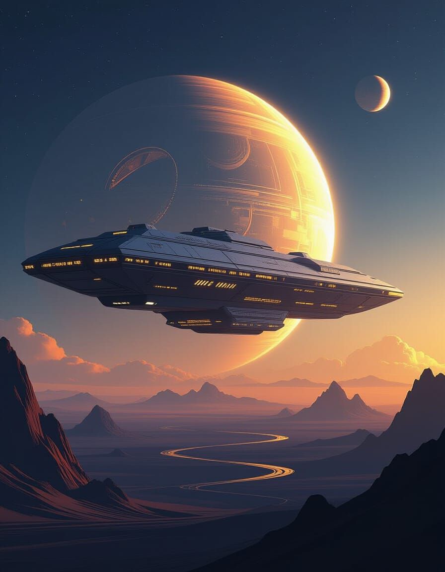 Sleek Space Station Orbits Alien World in Cyberpunk Style