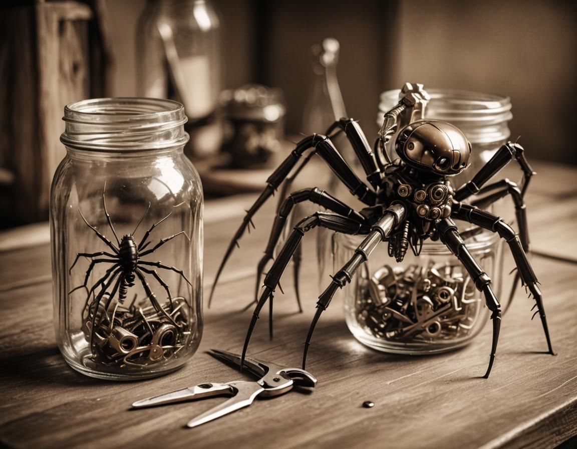 Mecha-Spider Trapped in Jar, Sepia HR Giger Style