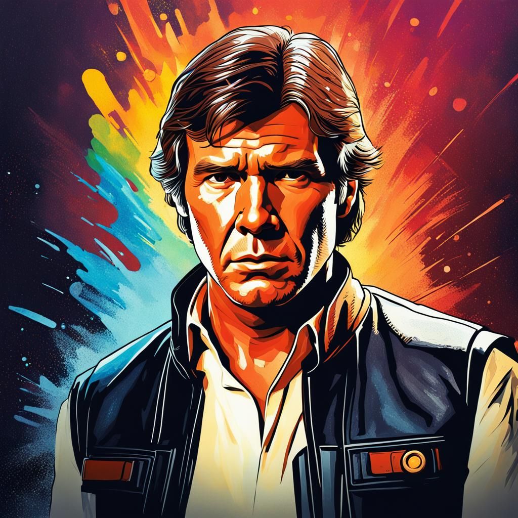 Hyperrealistic Han Solo Portrait in Splash Art Style