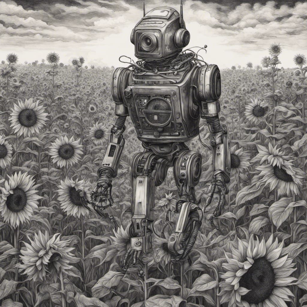Female Robot in Metal Sunflower Field: Charcoal Drawing