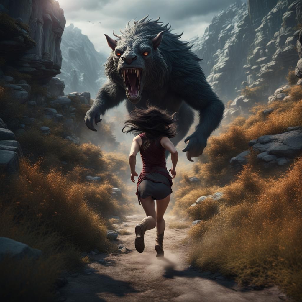 Woman Escaping Creature: Fantasy Matte Painting