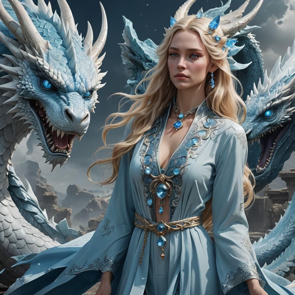 Woman and Dragon in Detailed Matte Painting