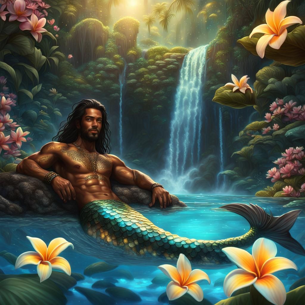 Ebony Merman Lounging Under Waterfall in Dark Fantasy