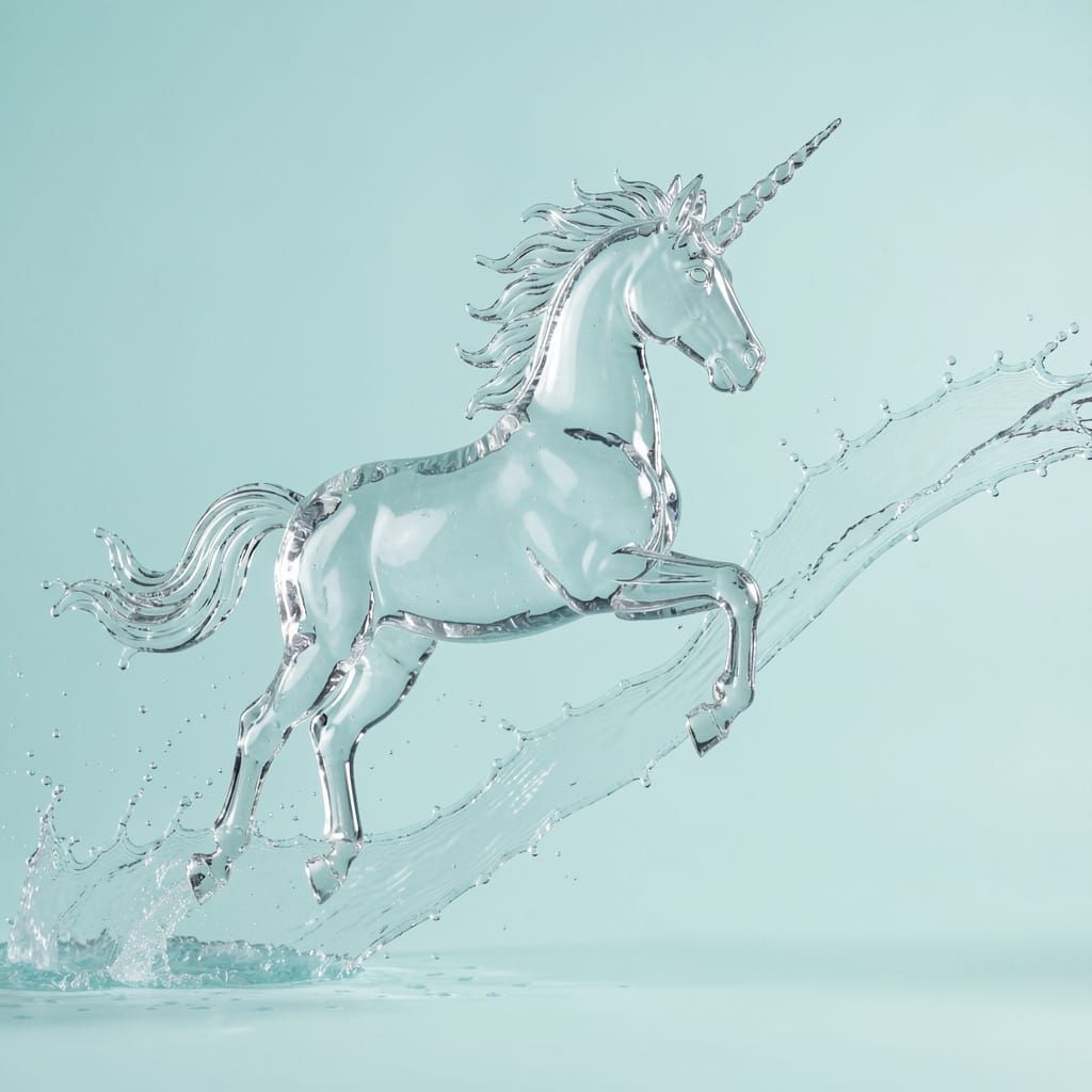 Photorealistic Glass Water Unicorn Galloping in Aqua Blue