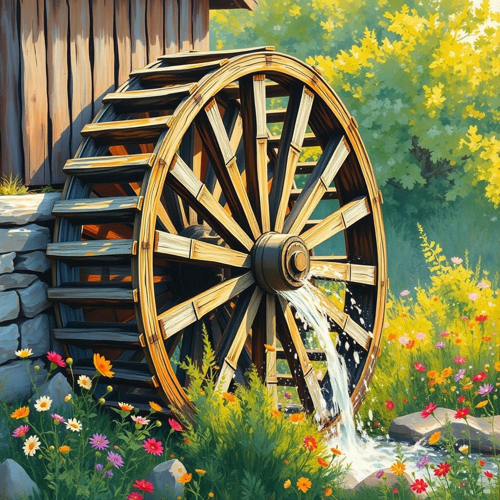 Impressionist Water Wheel in a Lush Summer Landscape