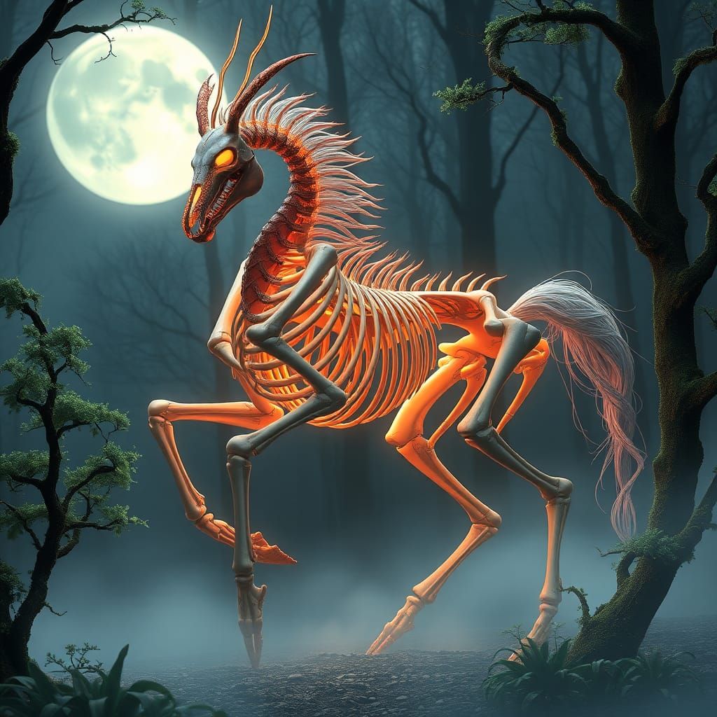 Ethereal Skeletal Centaur in Misty Forest, 3D Anime Art