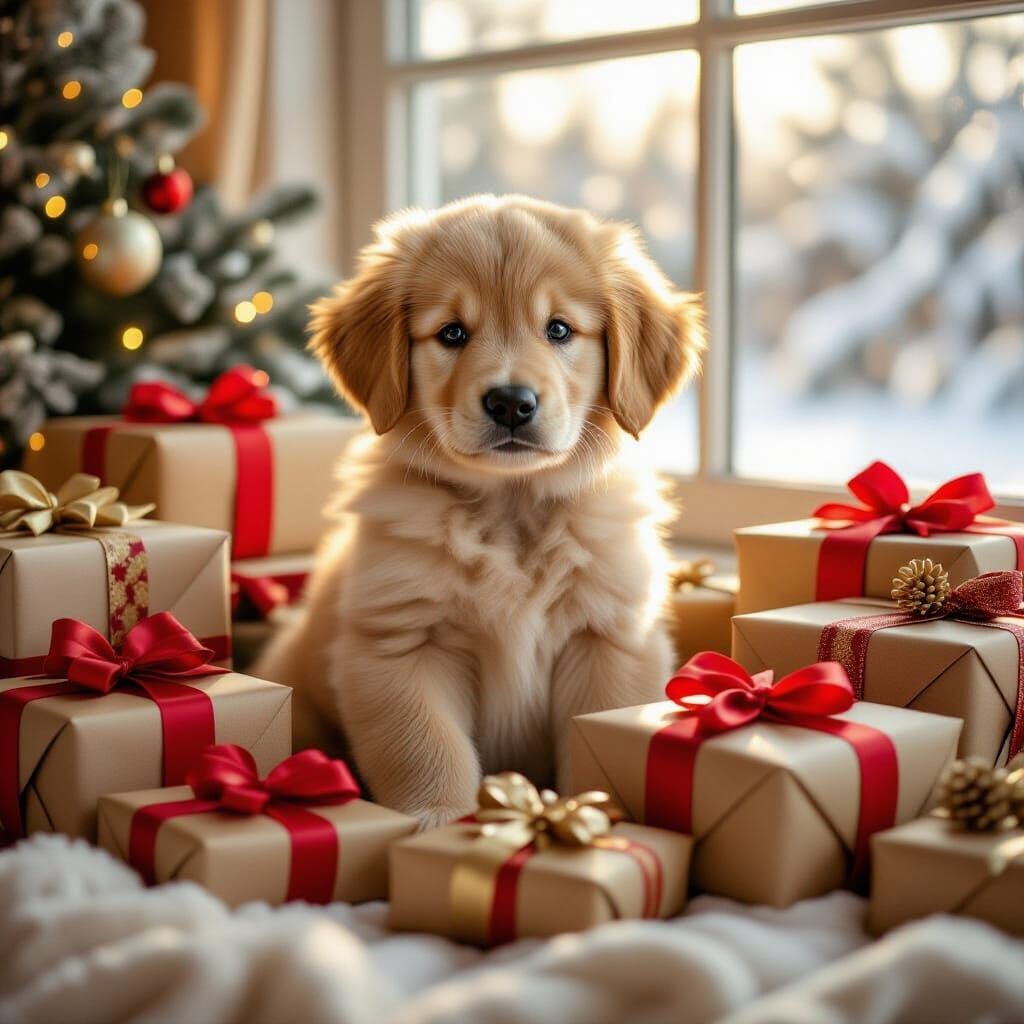 Golden Retriever Puppy with Christmas Gifts in Soft Morning ...