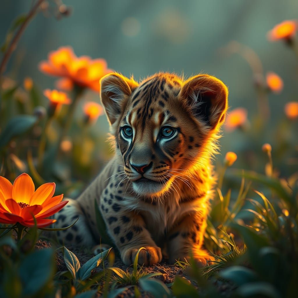 Mystical Lion Cub in Vibrant Savanna