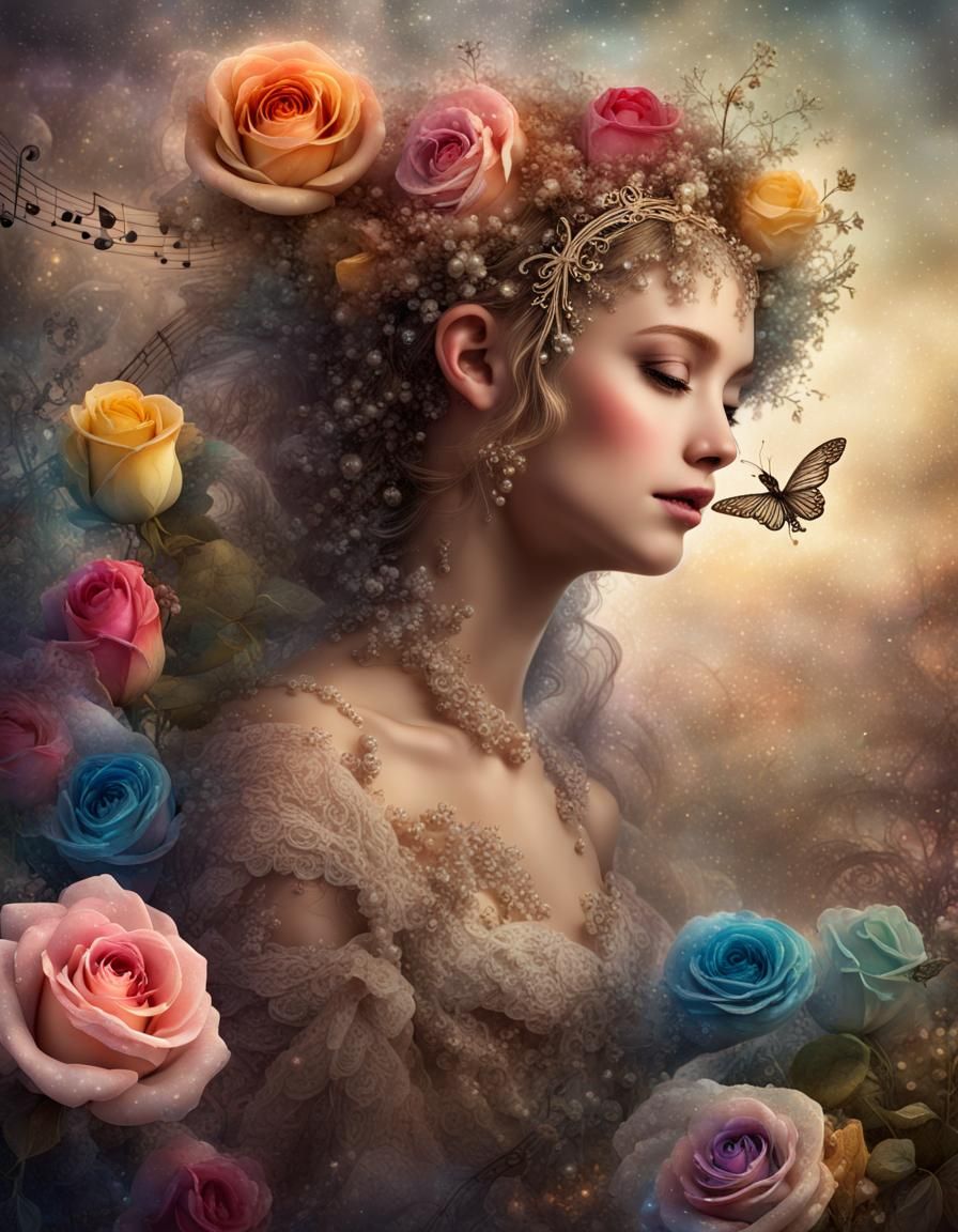 Vintage Fairy with Flowers and Music Paper