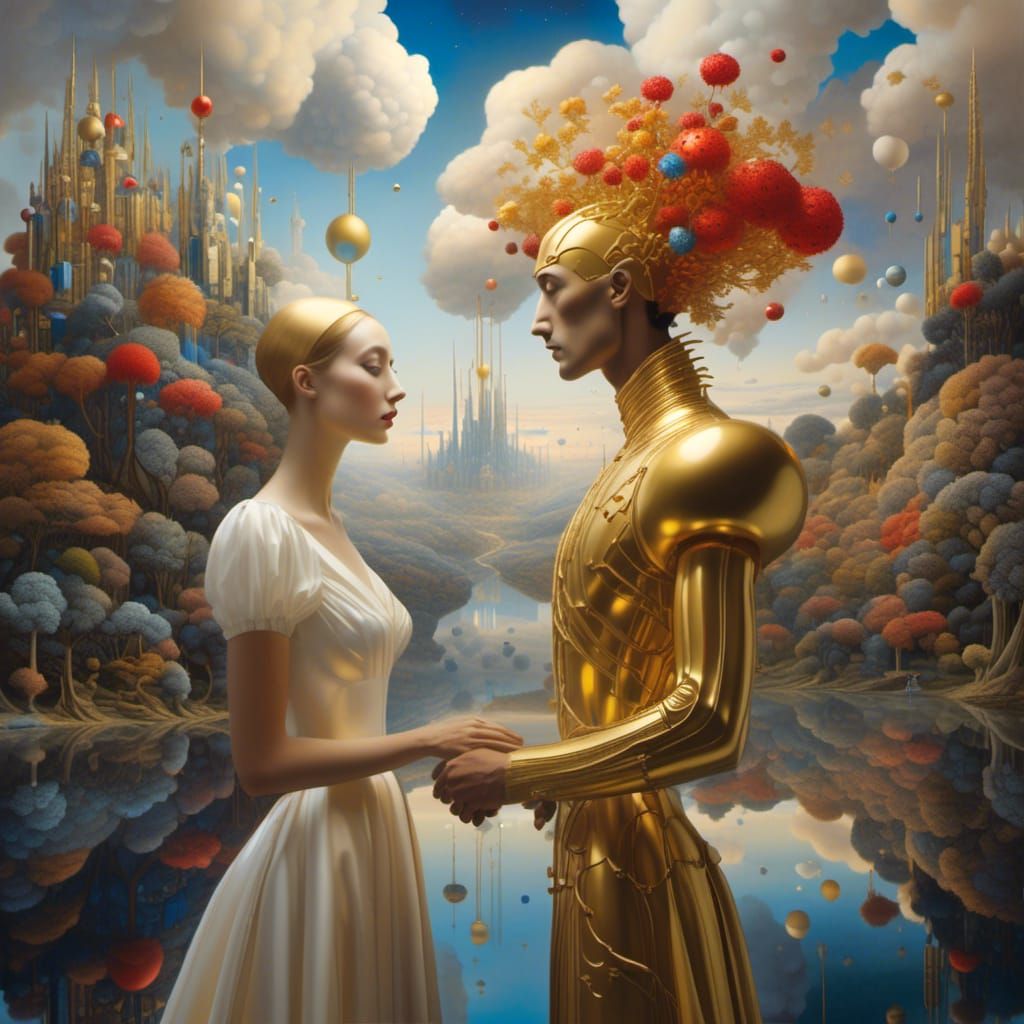 Surreal 1940s Couple in Ethereal Cityscape