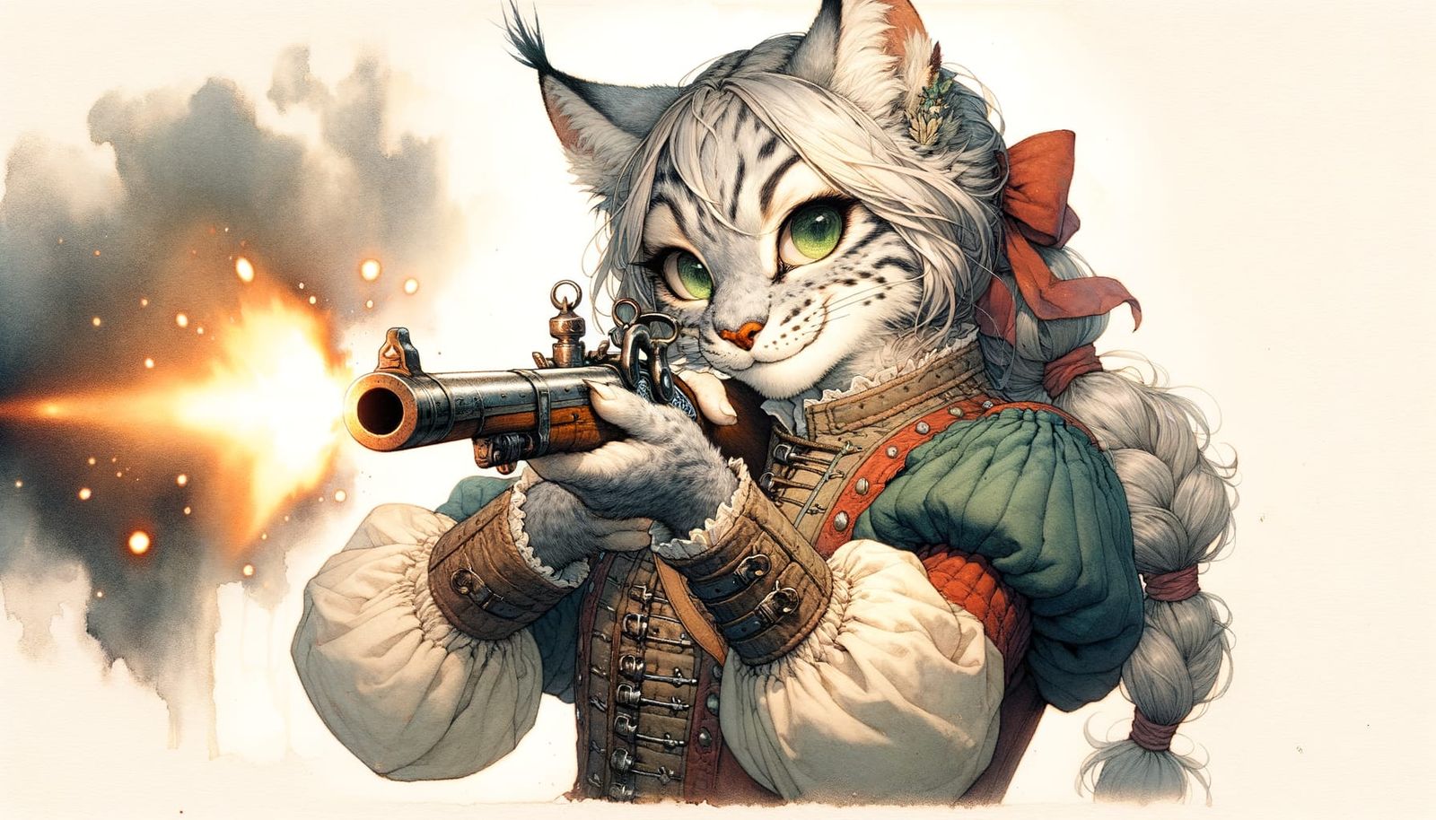 Anime Lynx Maiden with Flintlock Musket in a Flash of Fire