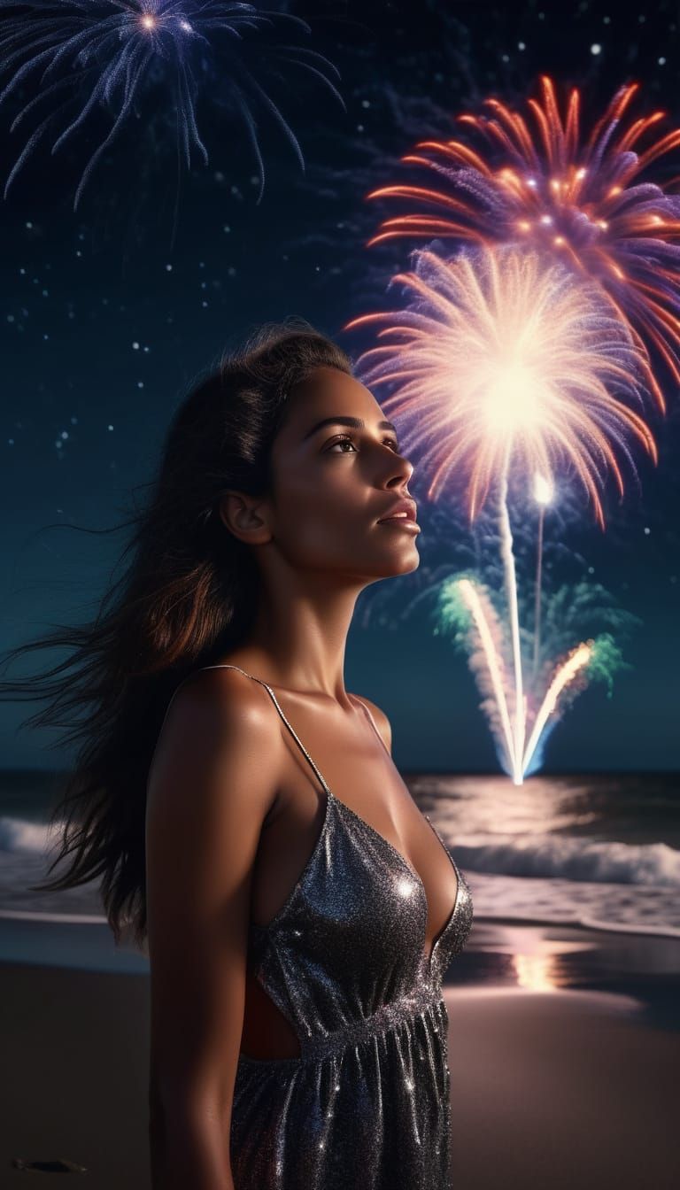 Brazilian Woman Under Starry Fireworks Sky