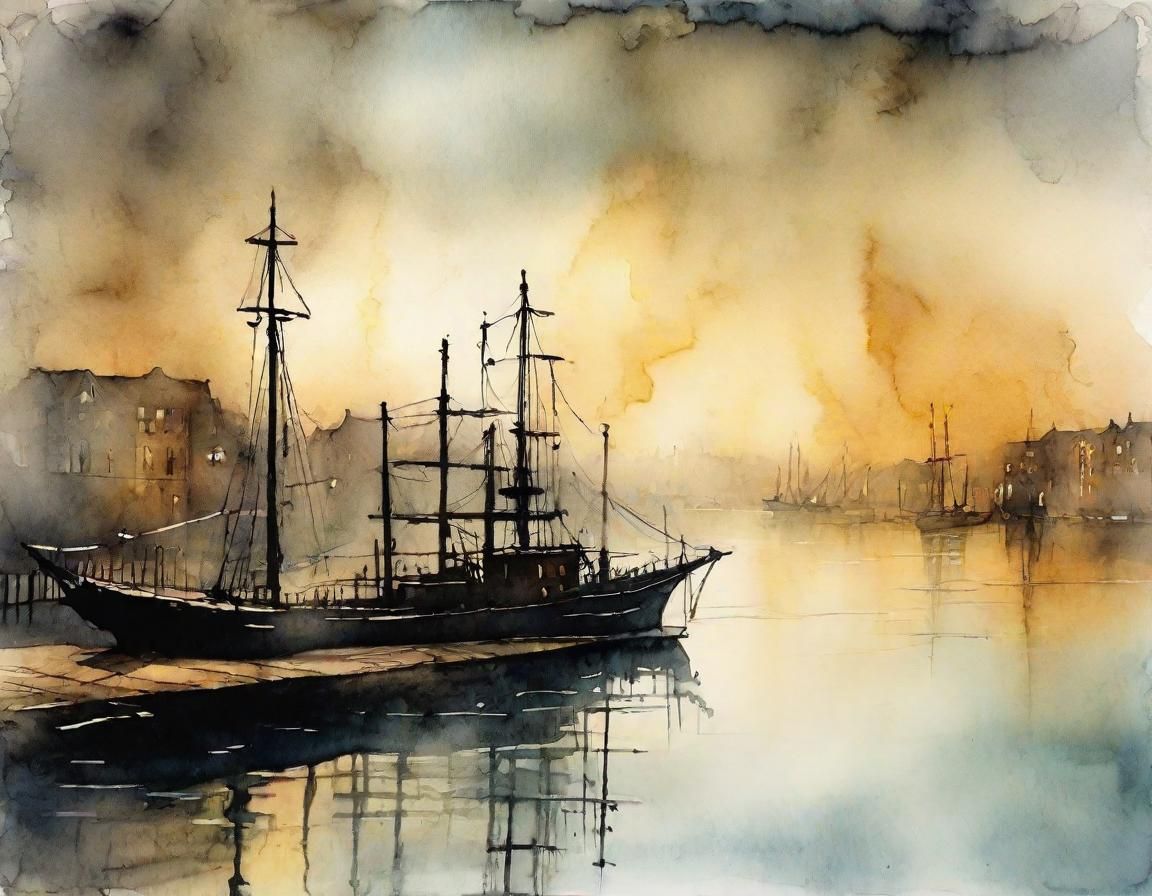 Foggy Harbor at Dawn in Impressionist Ink Painting