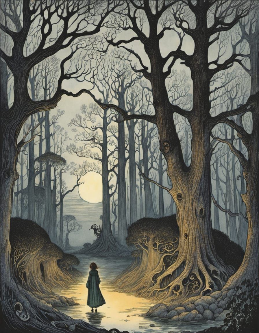 Eerie and Whimsical Illustration in Gorey-Rackham Style