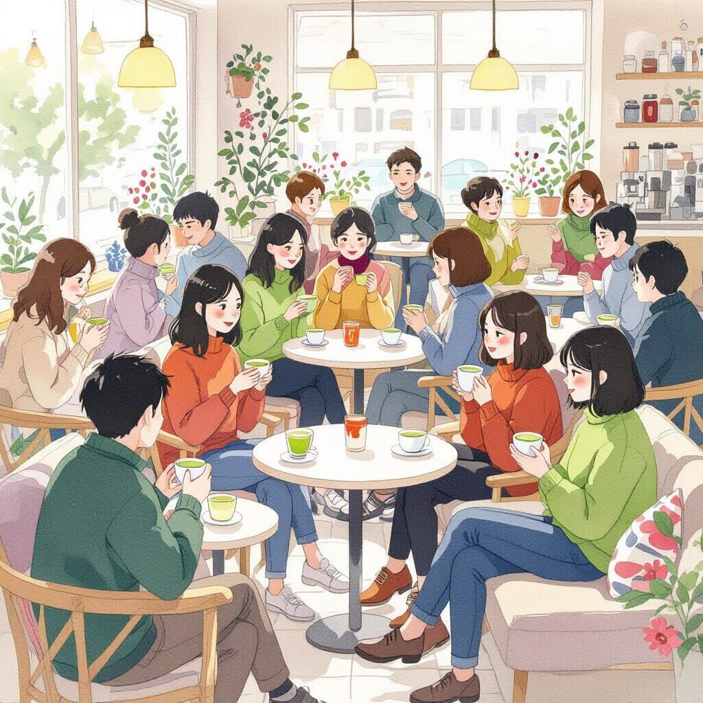 Bustling Cafe Scene with Matcha Drinks, Illustration Art