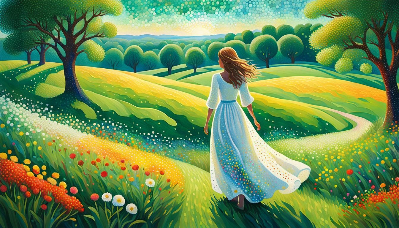 Pointillist Woman Walks in Vibrant Meadow