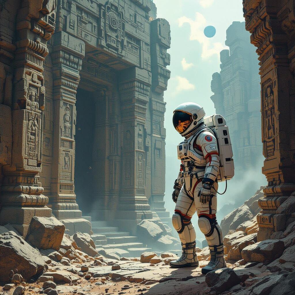 Astronaut Explores Ancient Ruins in Surreal Style