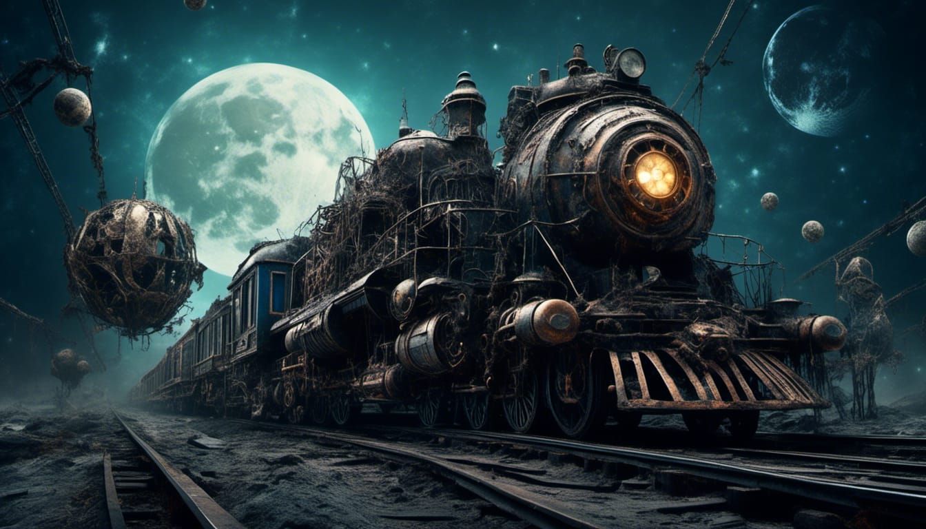 Biomechanical Steampunk Train on the Moon in Space Opera