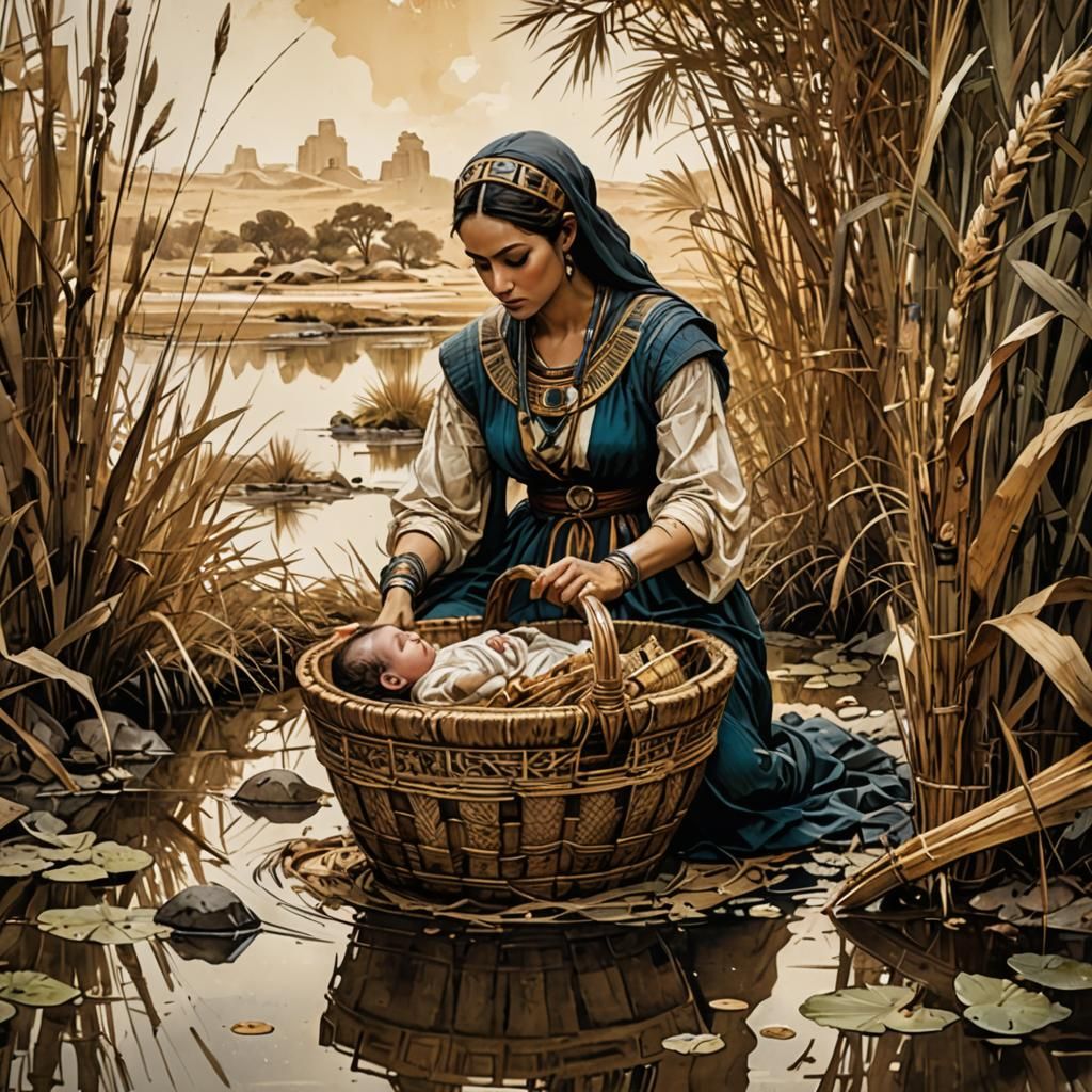 Egyptian Woman Finds Baby in Reeds: Detailed Artwork