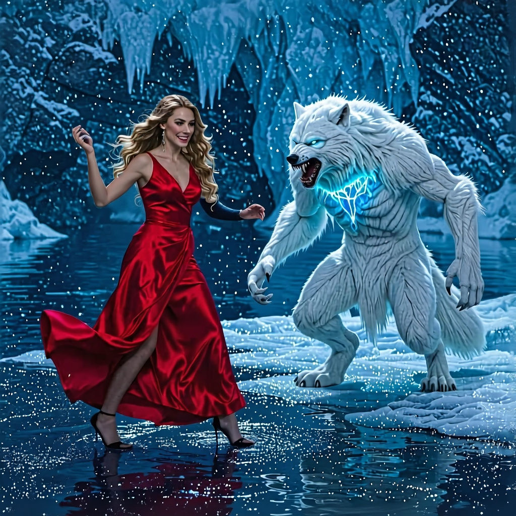 Woman Dances Near Werewolf in Icy Blue Landscape