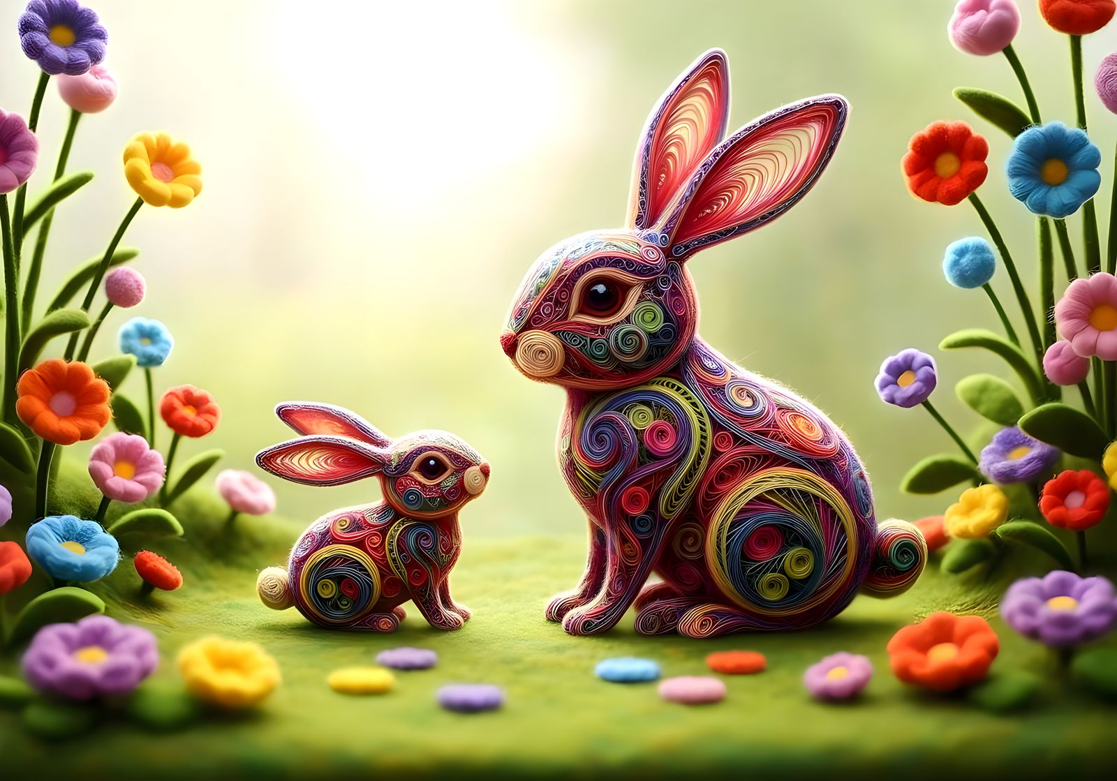 Fuzzy Felt Rabbits in Flower Garden