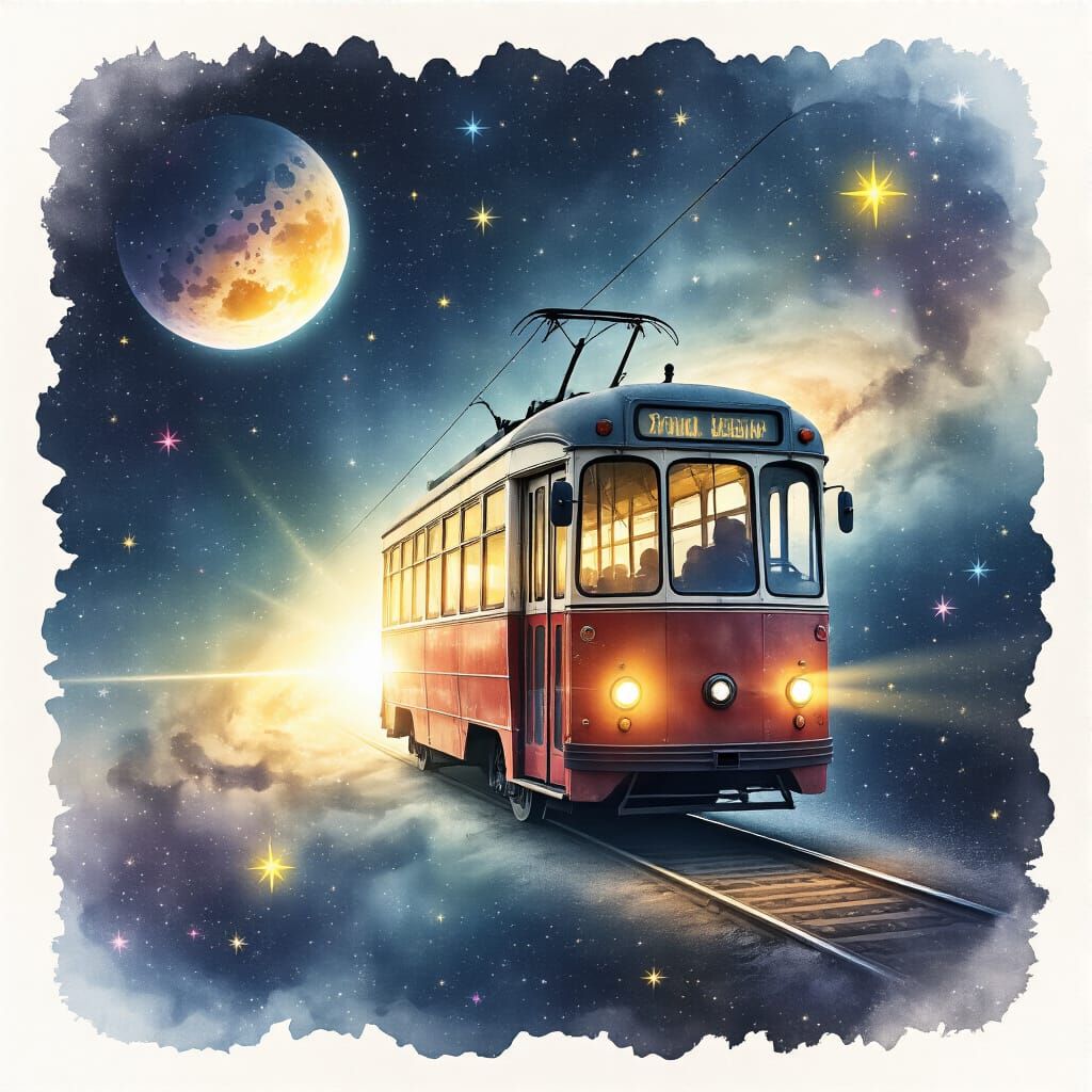 Cosmic Trolleybus in Watercolor Space