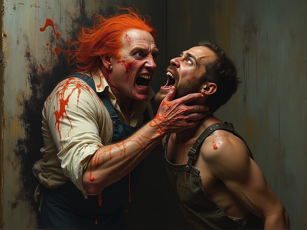 Gothic Painting Horror as Oil Smeared Monster Strangles Arti...