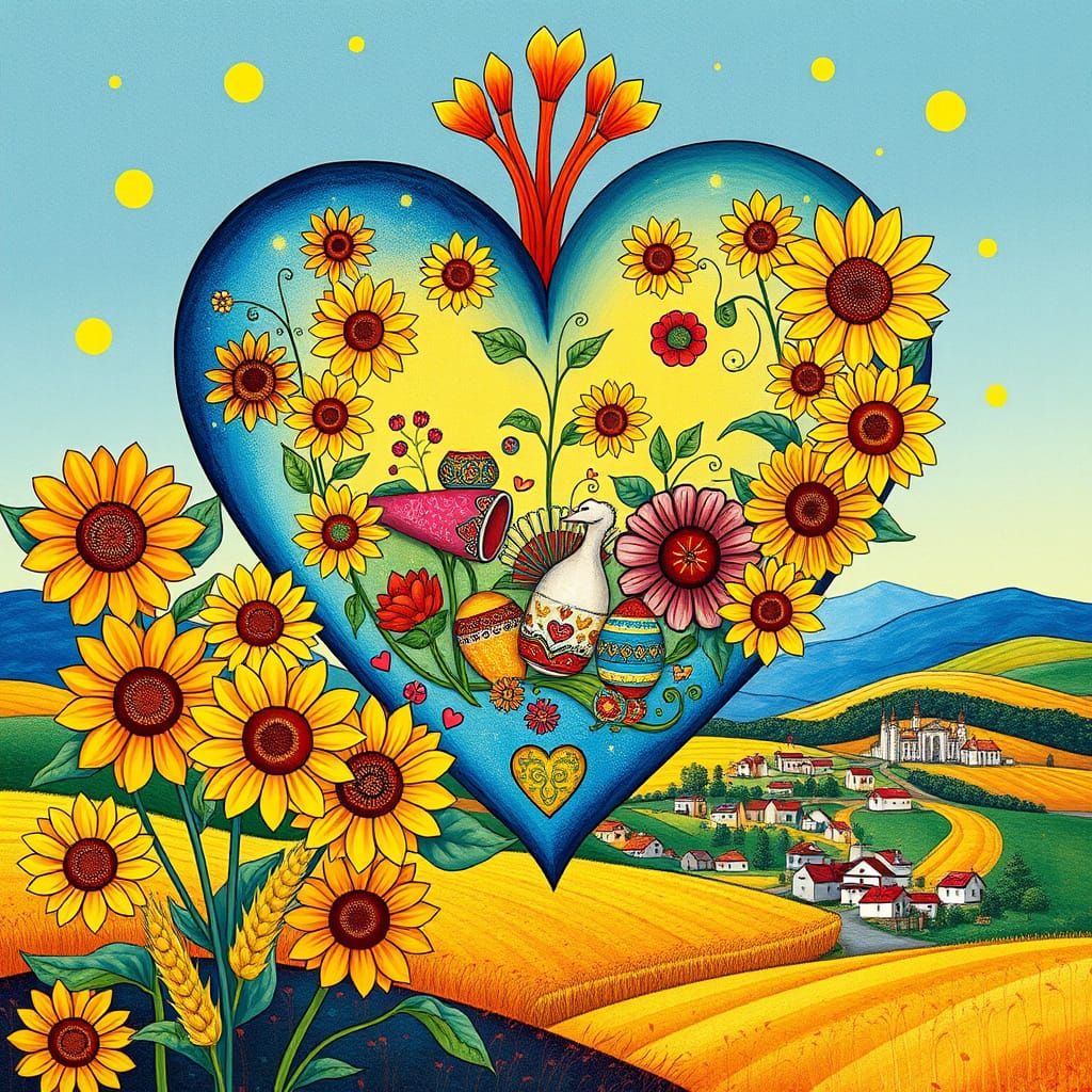 Ukrainian Heart in Whimsical Folk Art Style