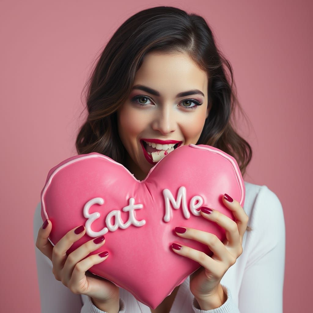 Hyperrealistic Woman Takes a Bite of a Pink Candy Heart