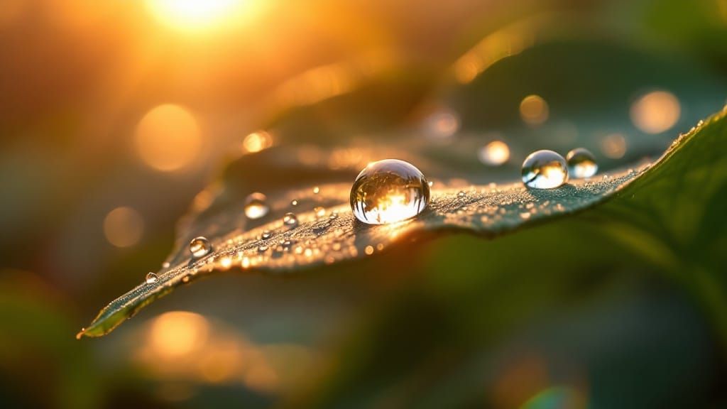 Sunlit Water Droplets on a Delicate Leaf