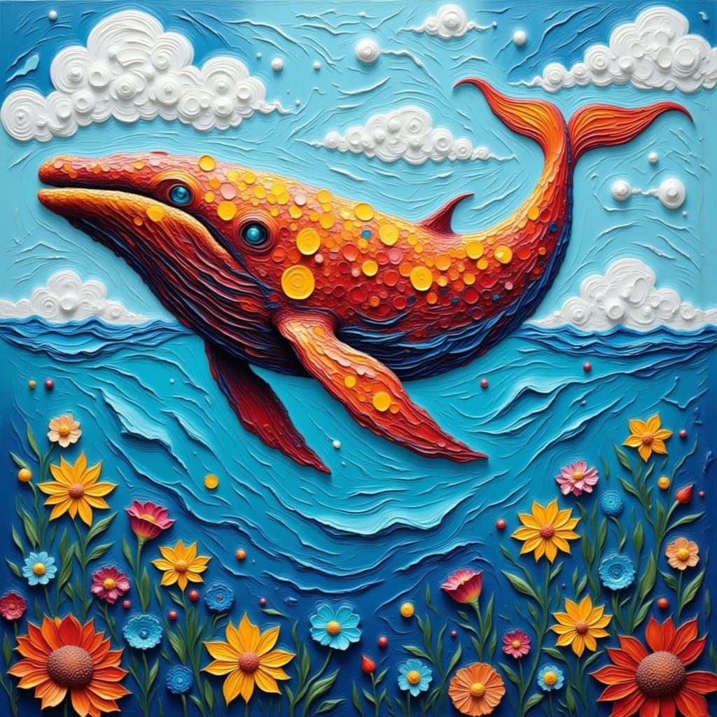Vibrant Whale in Impasto Oil Painting Style