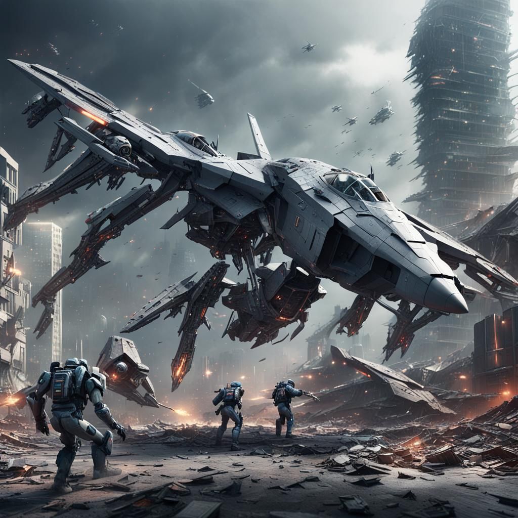 Futuristic Jets Battle Monster in Destroyed City