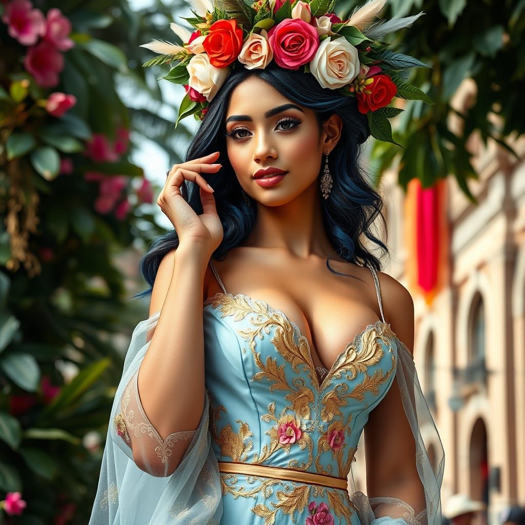 Elegant Latina Woman with Ornate Headdress Portrait