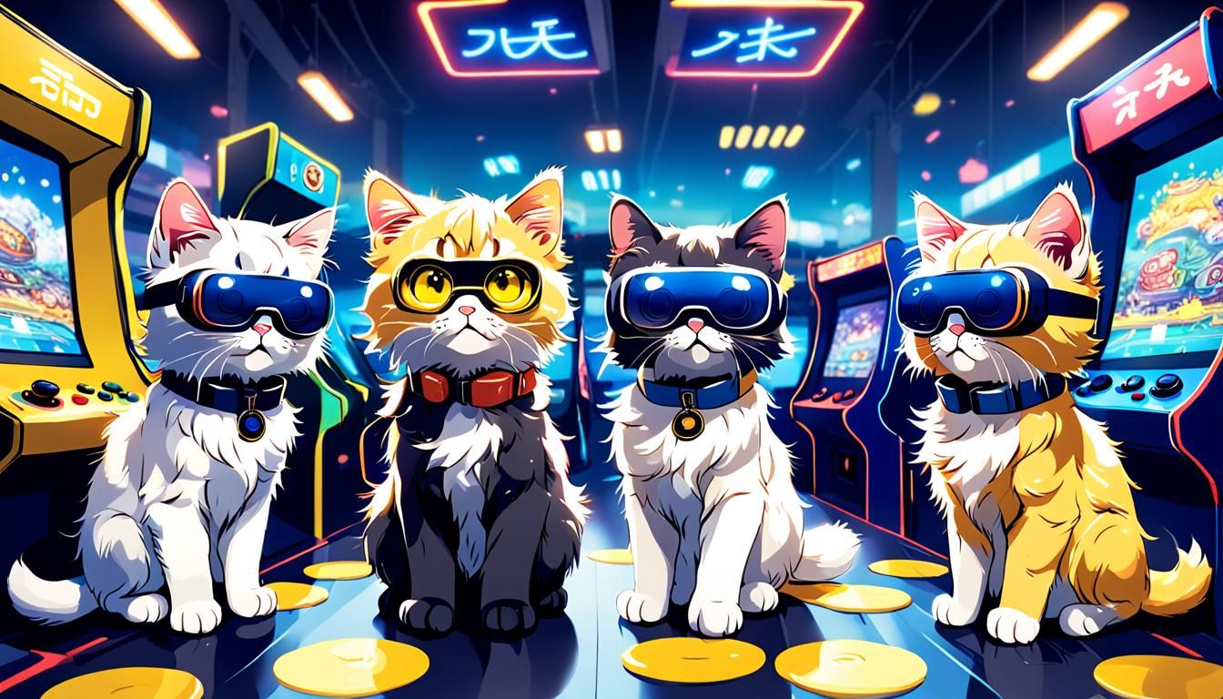 Fluffy kittens using virtual reality headset at an arcade