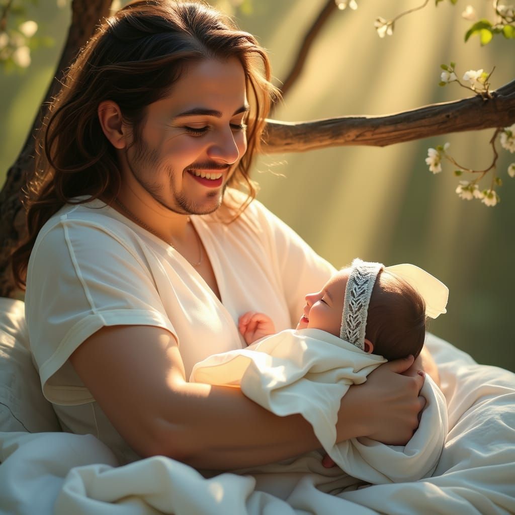 Newborn Breathes First Light, Connected to Nature
