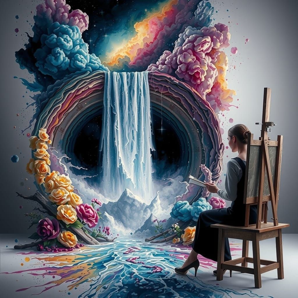 Artist's Cosmic Waterfall Painting Erupts in Watercolor Styl...